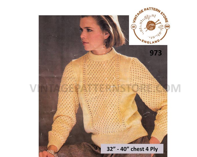 Ladies Womens 90s 4 ply lacy lace panel crew neck raglan sweater jumper pdf knitting pattern 32" to 40" chest Instant PDF download 973