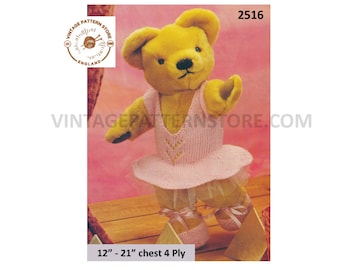90s 4 ply teddy bear clothes ballet outfit set tutu dress pdf knitting pattern 12" to 21" chest Instant PDF download 2516