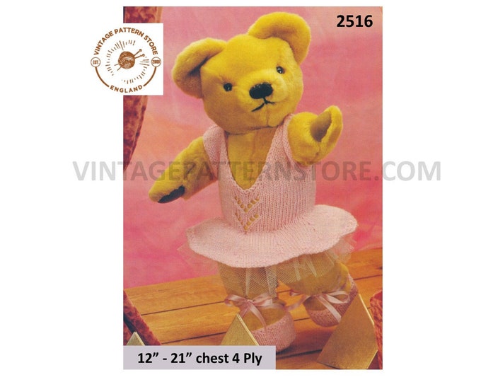 90s 4 ply teddy bear clothes ballet outfit set tutu dress pdf knitting pattern 12" to 21" chest Instant PDF download 2516