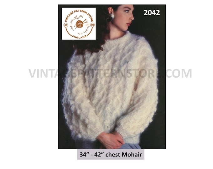Ladies Womens 90s round neck drop shoulder cable cabled dolman mohair sweater jumper pdf knitting pattern 34" to 42" chest PDF download 2042