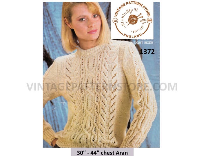 Ladies Womens 80s crew neck lacy lace panel raglan aran sweater jumper pullover pdf knitting pattern 30" to 44" chest Instant Download 1372