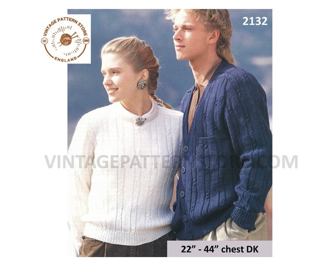 Ladies Womens Mens 90s V or round neck cable and rib ribbed raglan DK sweater jumper cardigan pdf knitting pattern 22" to 44" Download 2132