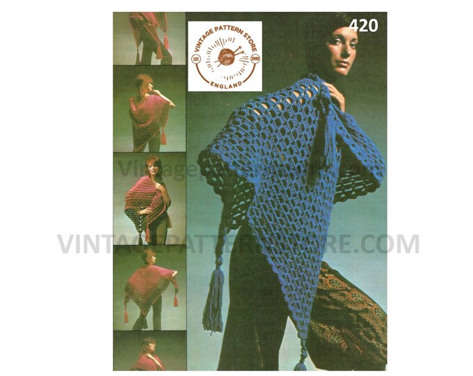 Ladies Womens 70s vintage DK tasseled shawl wrap stole pdf crochet pattern 36" long from neck to centre of hem Instant PDF Download 420