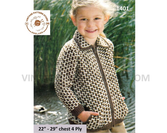 Girls 70s vintage 4 ply round neck collared zipped zip up check raglan cardigan jacket pdf knitting pattern 22" to 29" chest Download 1401