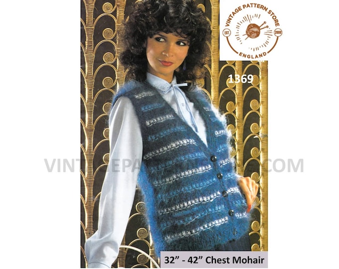 Ladies Womens 80s vintage V neck striped mohair sleeveless cardigan waistcoat pdf knitting pattern 32" to 42" chest Instant Download 1369