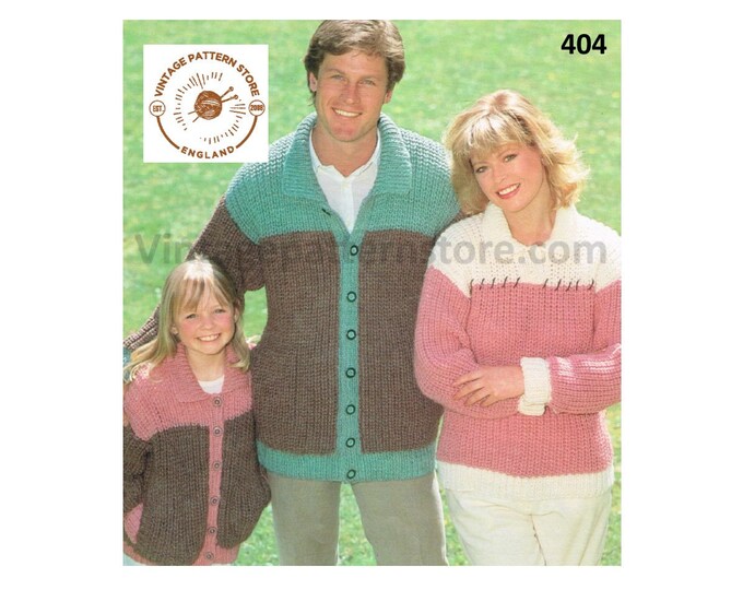 Ladies Womens Mens Boys Girls chunky easy to knit shirt neck contrast yoke sweater & cardigan pdf knitting pattern 24" to 44" Download 404