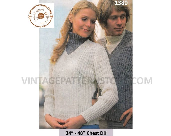 Ladies Womens Mens 70s vintage DK polo neck dickie insert and rib ribbed raglan sweater jumper pdf knitting pattern 34" to 48" Download 1380