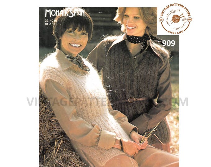 Ladies Womens V neck rib ribbed mohair waistcoat & scoop neck cap sleeve slipover sweater vest pdf knitting pattern 32" to 40" Download 909