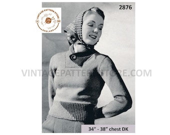 30s Vintage Sweater Knitting Pattern: Crossover Collar, Geometric Welt (PDF Pattern) 34"-38" Bust