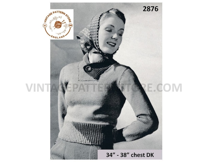 Ladies Womens 30s vintage DK crossover button collar 2 colour welt raglan sweater jumper pdf knitting pattern 34" to 38" Download 2876