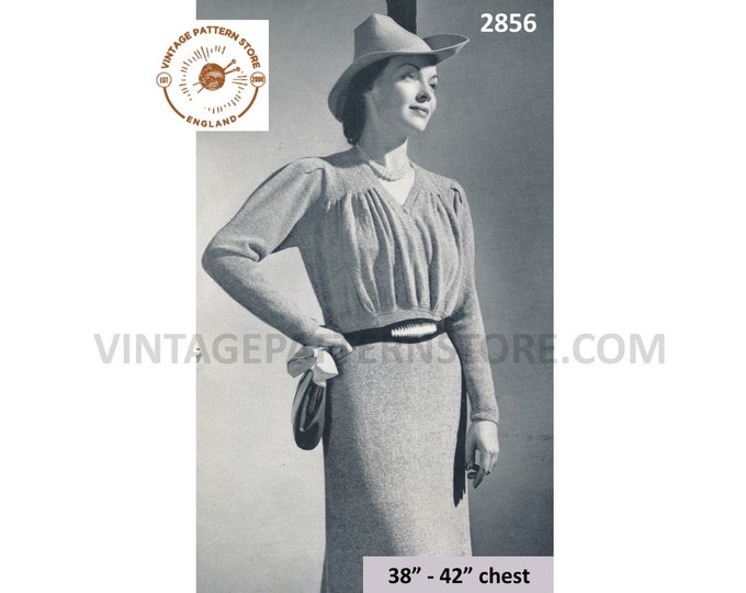 Ladies Womens 30s vintage V neck long line full length gathered yoke dress pdf knitting pattern 38" to 42" Instant PDF download 2856