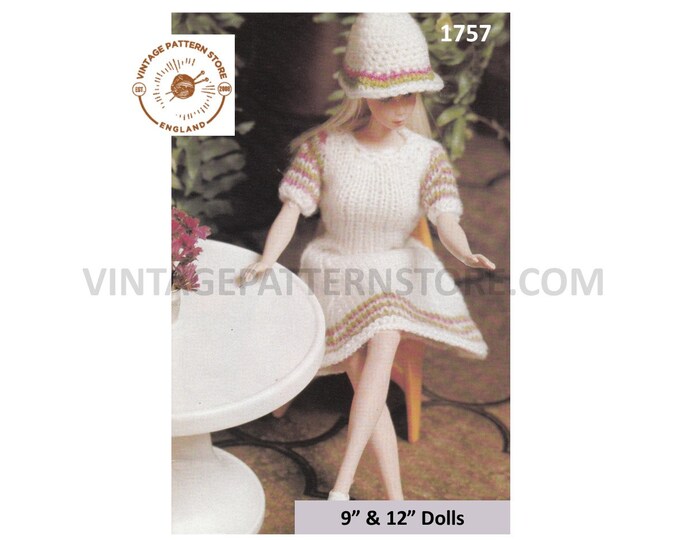 80s vintage 9" 12" Barbie Sindy fashion dolls clothes Summer dress and hat pdf knitting pattern Instant PDF download 1757