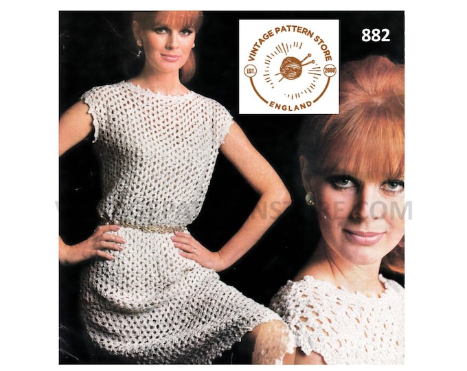 Ladies Womens 60s vintage DK picot lace round neck cap sleeve midi dress pdf knitting crochet pattern 34" to 40" chest Instant download 882