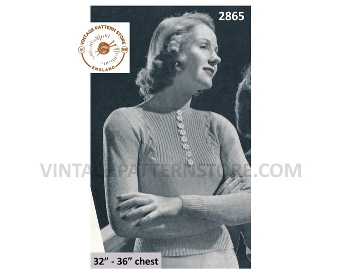 Ladies Womens 30s vintage shirt neck cabled cable & rib panel ribbed raglan sweater jumper pdf knitting pattern 32" to 36" Download 2865