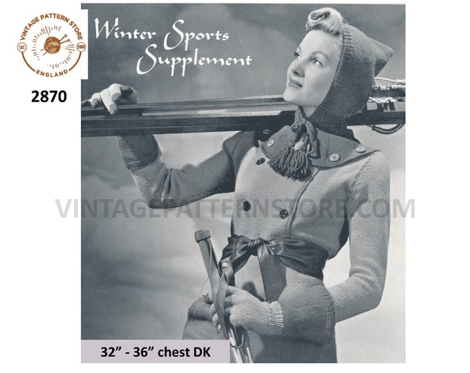 Ladies Womens 30s vintage double breasted DK jacket gauntlet gloves & parka hood pdf knitting pattern 32" to 36" chest Instant download 2870