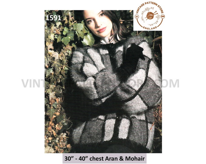 Ladies Womens 90s round neck geometric colour blocked aran mohair slouchy dolman cardigan pdf knitting pattern 30" to 40" bust Download 1591