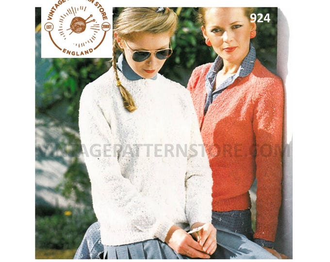 Ladies Womens 70s vintage easy to knit 4 ply round or V neck raglan cardigan and sweater jumper pdf knitting pattern 32" to 44" Download 924