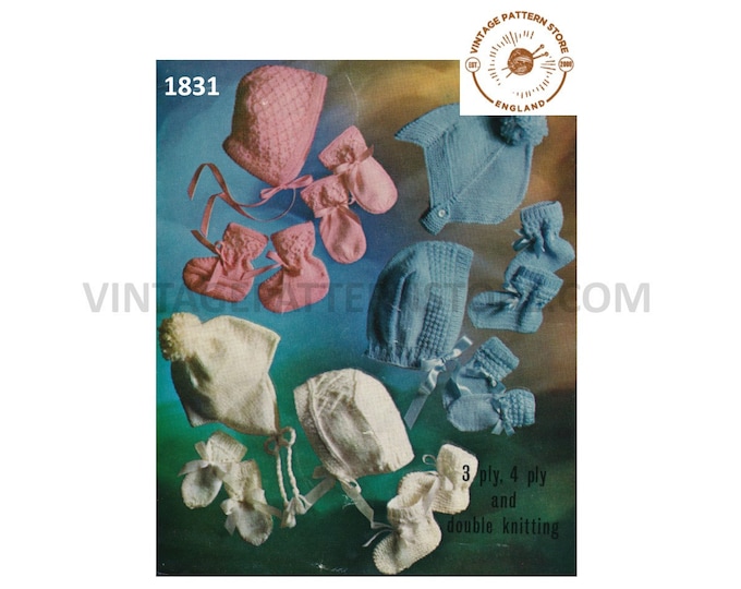 Baby Babies 80s vintage 3 ply 4 ply and DK bonnet mittens and booties bootees pdf knitting pattern from newborn Instant PDF download 1831
