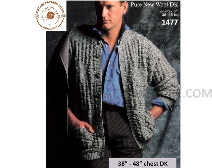 Mens Mans 90s DK round neck drop shoulder enterlac basket weave dolman cardigan jacket pdf knitting pattern 38" to 48" chest Download 1477