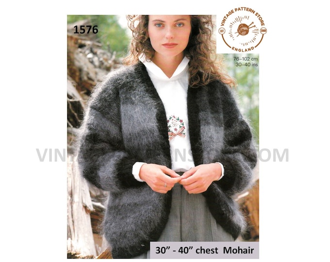 Ladies Womens 90s edge to edge V neck striped drop shoulder dolman mohair cardigan pdf knitting pattern 30" to 40" chest PDF Download 1576