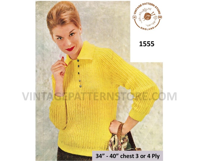 Ladies Womens 50s vintage 4 ply or 3 ply shirt neck rib ribbed raglan sweater jumper pdf knitting pattern 34" to 40" Instant Download 1555