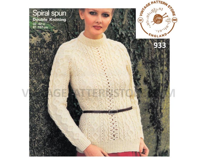 Womens 80s vintage DK crew neck long line lacy lace panel cable cabled raglan sweater jumper pdf knitting pattern 32" to 42" Download 933