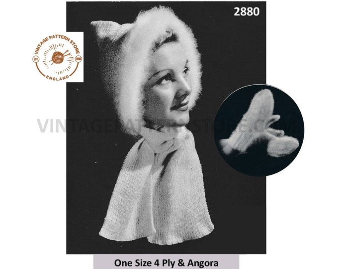 Ladies Womens 30s vintage Angora & 4 ply parka hood scarf and mittens pdf knitting pattern One Size Instant PDF download 2880