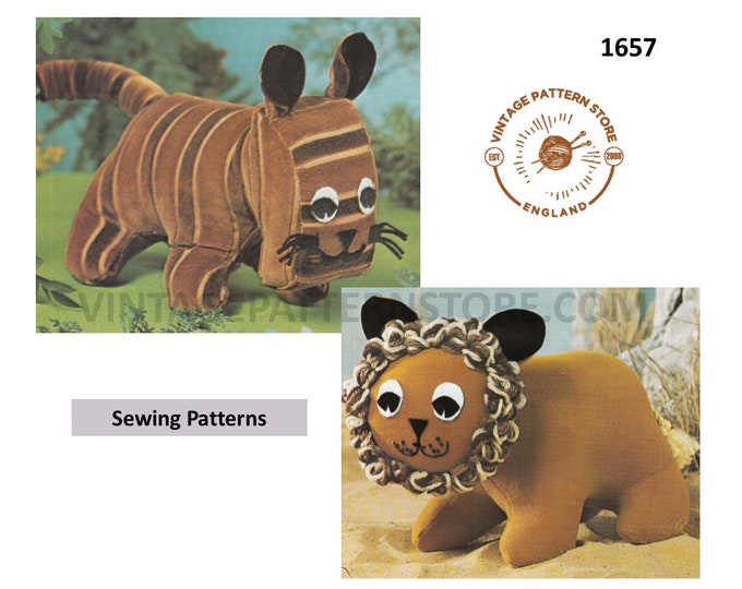 80s vintage cuddly toy tiger and lion pdf sewing pattern makes to dresired size Instant PDF Download 1657