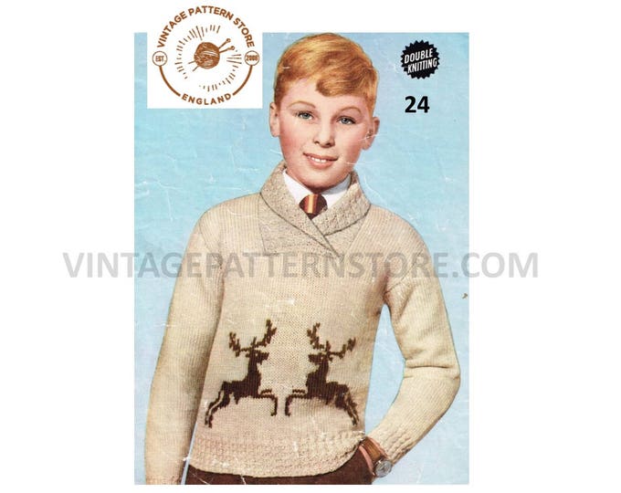 Boys 60s DK Christmas intarsia reindeer stag shawl collar raglan sweater jumper pdf knitting pattern 28" chest Instant PDF Download 24