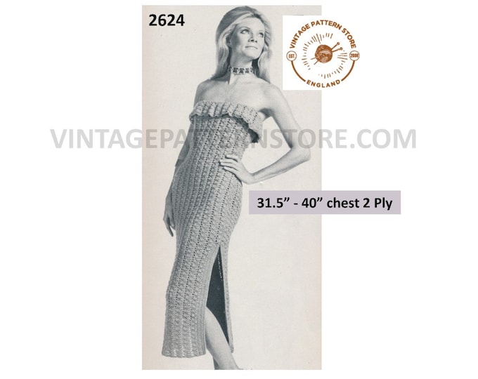 Ladies Womens 70s vintage 2 ply off shoulder strapless tubular split side dress pdf crochet pattern 31.5" to 40" bust PDF download 2624
