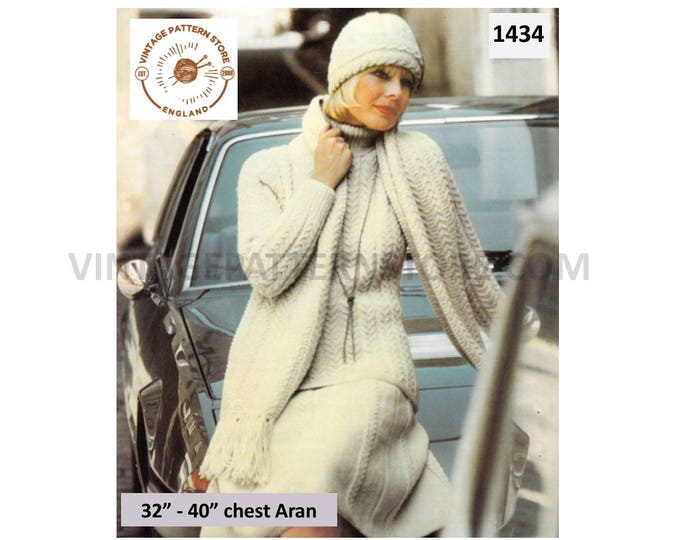Ladies Womens 70s vintage polo neck cable cabled aran raglan sweater skirt hat cap & scarf pdf knitting pattern 32" to 40" PDF Download 1434