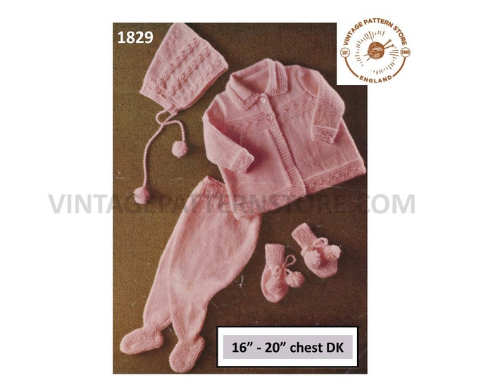 Baby Babies 80s vintage DK pram set layette matinee coat bonnet booties & leggings pdf knitting pattern 16" to 20" chest PDF download 1829