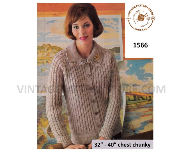 Ladies Womens 70s vintage chunky knit cabled cable ribbed raglan cardigan with fringed collar pdf knitting pattern 32" to 40" Download 1566