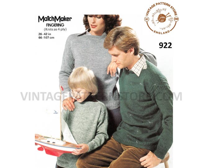 Ladies Womens Mens Boys Girls 80s family 4 ply slash neck drop shoulder raglan sweater jumper pdf knitting pattern 26" to 42" Download 922
