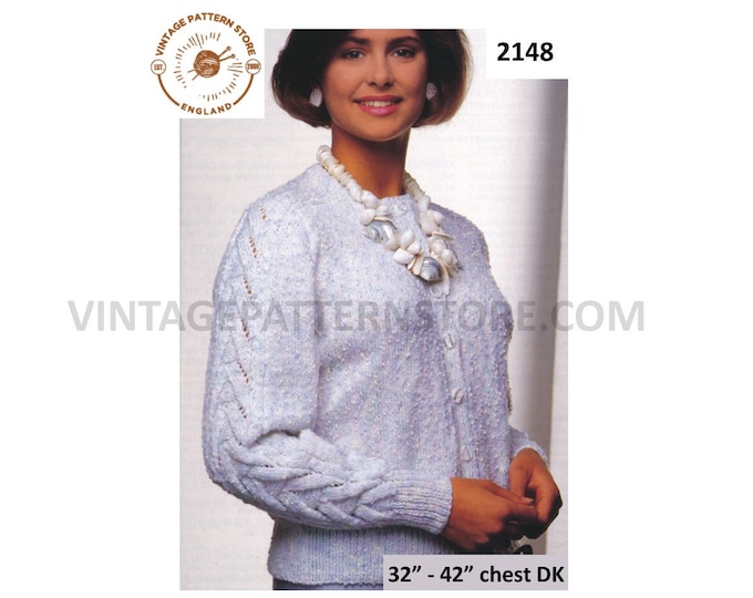Womens Ladies 90s DK round neck cabled cable & lace raglan cardigan pdf knitting pattern 32" to 42" chest Instant PDF Download 2148