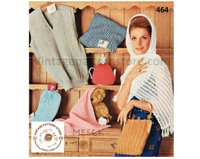 70s vintage bazzar gift book shawl tea cosy cushion pram rug hot water bottle cover & hand bag purse pdf knitting pattern PDF download 464