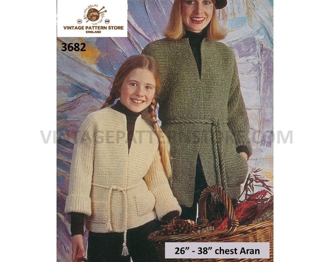 Ladies Womens Girls 80s vintage round neck sideways knitted belted raglan aran jacket coat pdf knitting pattern 26" to 38" PDF download 3682