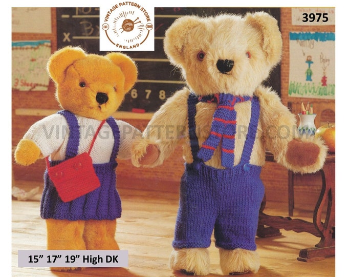 90s DK 15" 17" 19" high DK cuddly teddy bear clothes school uniform trousers skirt sweater satchel & tie pdf knitting pattern Download 3975