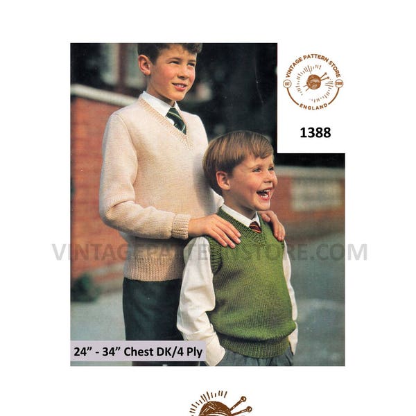 Boys 60s quick simple & easy to knit 4 ply or DK V neck slipover sweater vest tank top pdf knitting pattern 24" to 34" chest Download 1388
