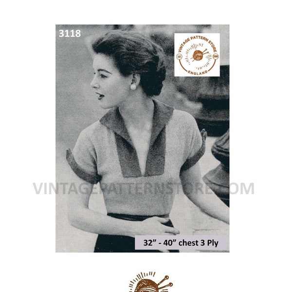 Ladies Womens 50s vintage 3 ply split neck short sleeve sweater jumper blouse PDF knitting pattern 32" to 38" bust PDF Download 3118