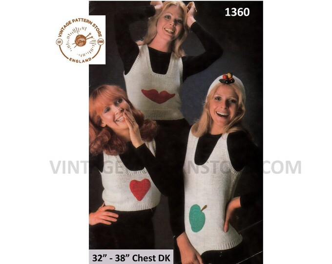 Ladies 70s tank top knitting patterns, Ladies Womens 70s easy knit sweater vest tank top pattern - 32" - 38" chest - PDF Download 1360