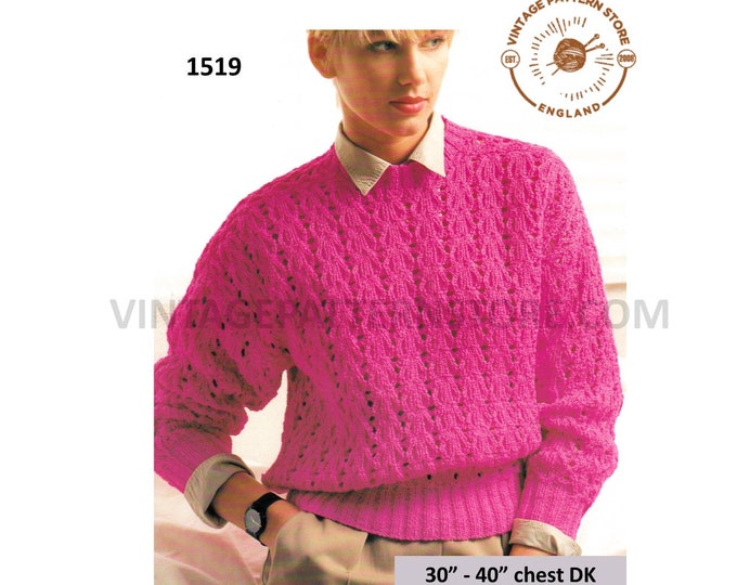 Ladies Womens 90s crew neck lacy rib lace ribbed DK drop shoulder dolman sweater jumper PDF knitting pattern 30" to 40" chest download 1519