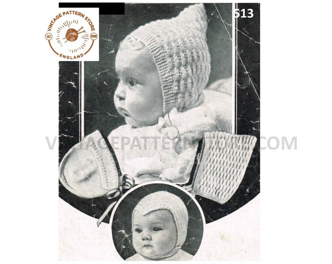 Newborn Baby Babies 30s vintage 3 ply cable cabled pixie hood bonnet & helmet pdf knitting pattern Instant PDF download 513