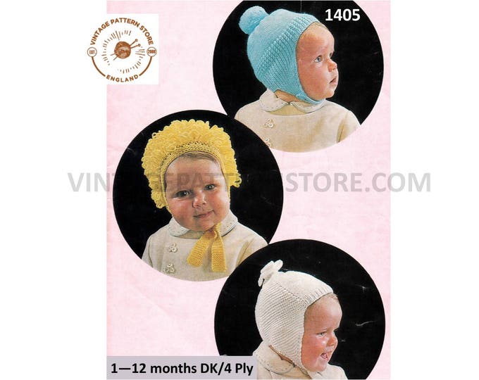 Baby Babies 70s vintage DK loopy & pom pom bonnet and easy to knit helmet pdf knitting pattern 1 to 12 months PDF download 1405