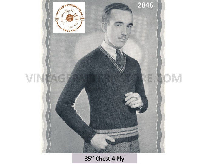 Mens 30s sweater knitting pattern, Mens 4 ply V neck 2 colour raglan sweater pattern - 35" Chest - PDF download 2846