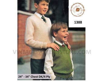 Boys 60s quick simple & easy to knit 4 ply or DK V neck slipover sweater vest tank top pdf knitting pattern 24" to 34" chest Download 1388