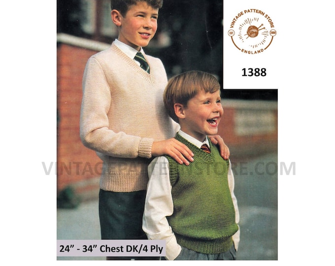 Boys 60s quick simple & easy to knit 4 ply or DK V neck slipover sweater vest tank top pdf knitting pattern 24" to 34" chest Download 1388