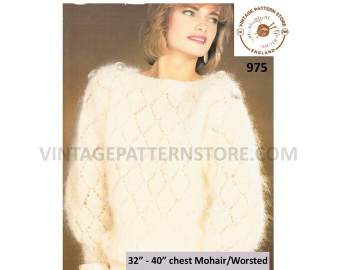 Ladies Womens 90s slash neck diamond eyelet lace drop shoulder dolman mohair sweater jumper pdf knitting pattern 32" to 40" Download 975