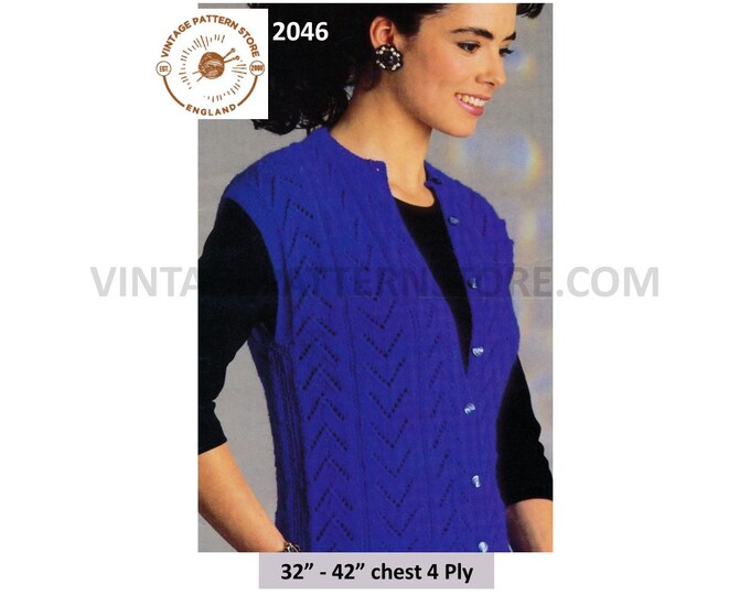 Ladies Womens 90s 4 ply round neck chevron eyelet lace lacy sleeveless cardigan waistcoat pdf knitting pattern 32" to 42" PDF Download 2046