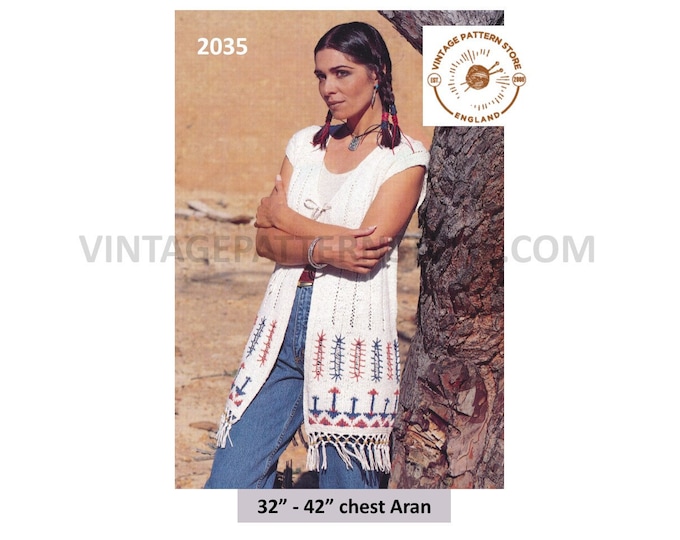Ladies Womens 90s long line lacy cap sleeve Native American Navajo Indian aran waistcoat pdf knitting pattern 32" to 42" PDF Download 2035